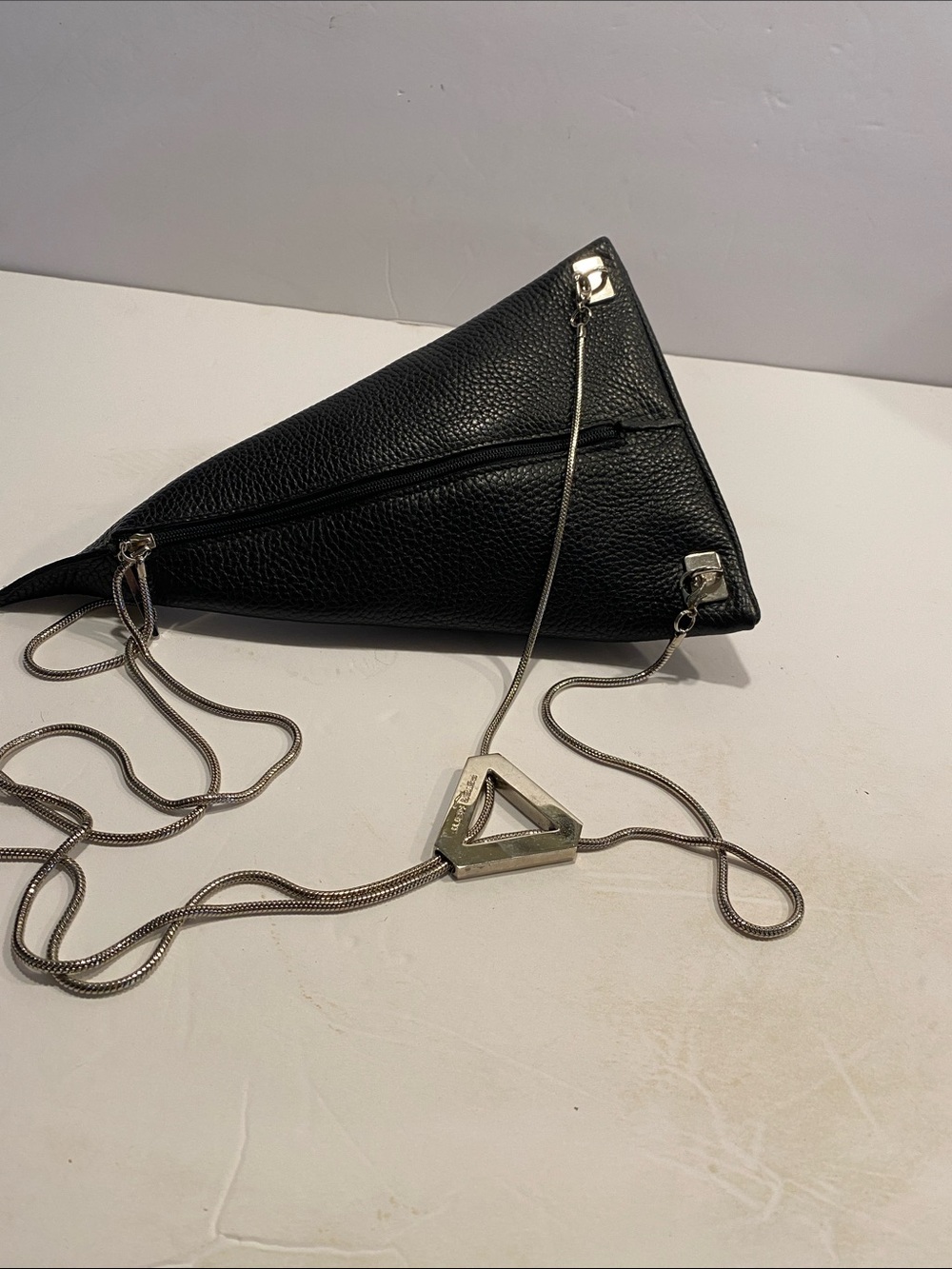 Black Triangle Leather Crossbody Bag with Silver Hardware Peter Kent